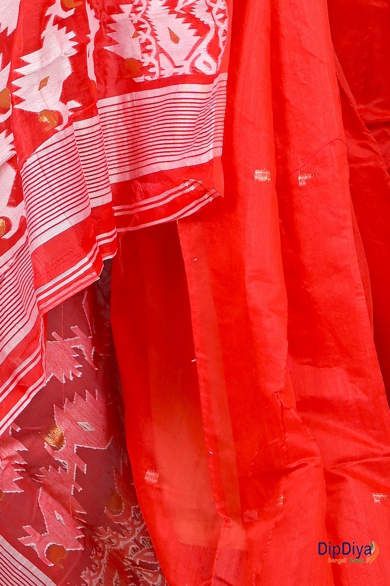 Red White Cotton Blended Parv Jamdani Saree (559)